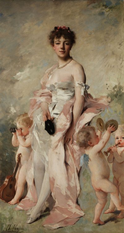 Jonge vrouw in baljurk met putti door Charles Joshua Chaplin